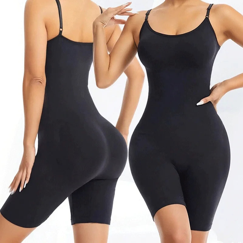 Black shapewear bodysuit worn by a model on a white background