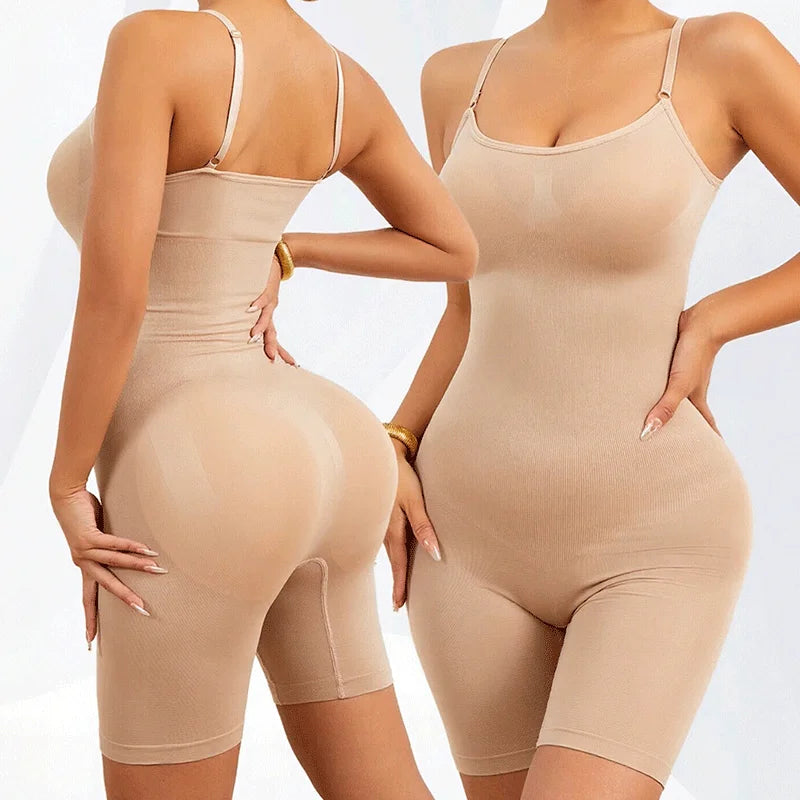 Two women wearing beige shapewear on a white background