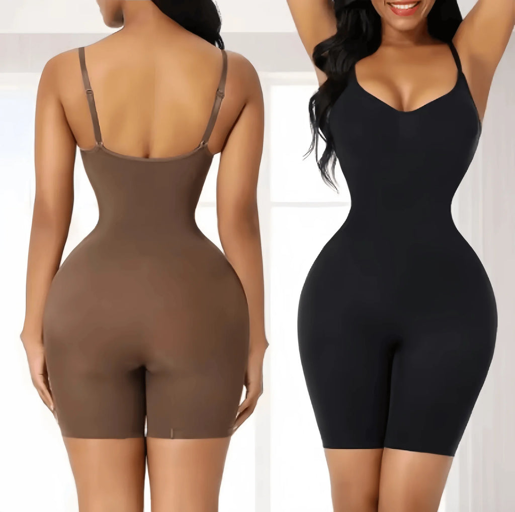 Two women wearing shapewear bodysuits, one brown and one black, on a white background.