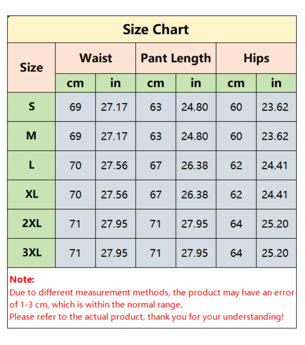 Size chart for pants with measurements in centimeters and inches