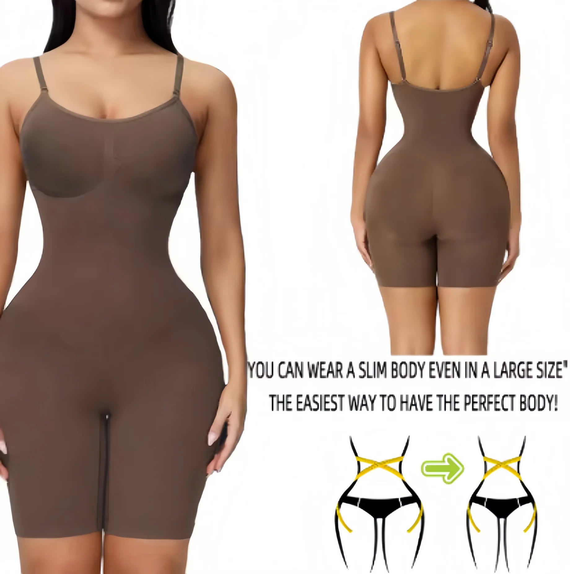 Brown shapewear bodysuit shown from front and back on a white background with promotional text.