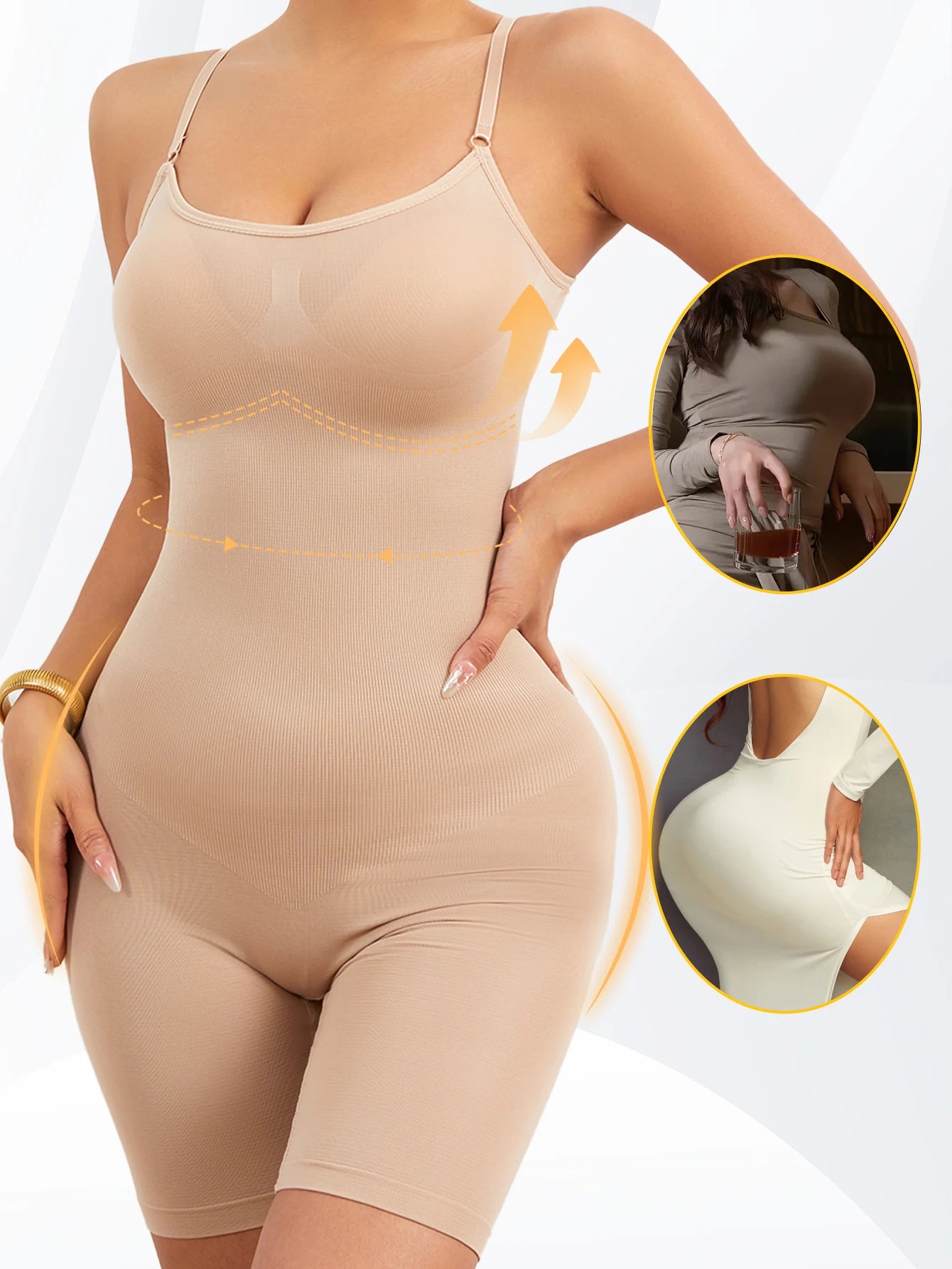 Beige shapewear bodysuit worn by a person on a white background