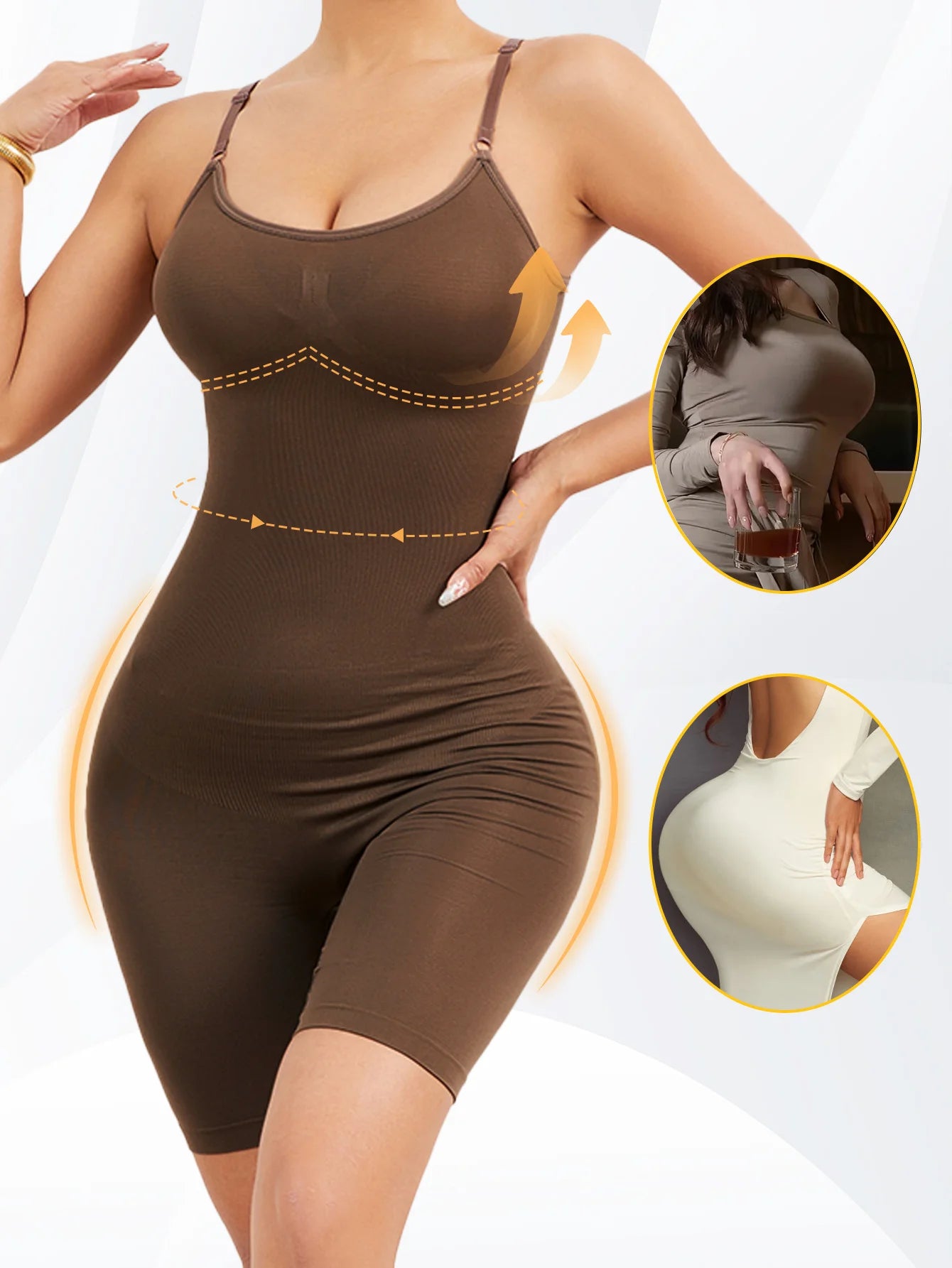 Brown shapewear being worn by a model on a white background